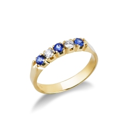 Yellow gold 18k 5 stones ring with blue sapphires and diamonds 