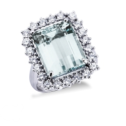 Anello con acquamarina e diamanti a contorno in oro bianco 18k