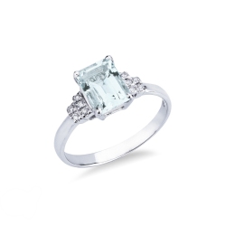 Bague or blanc 18k aigue-marine octogonale et diamants