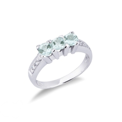 White gold 18k trilogy ring with diamonds and aquamarines