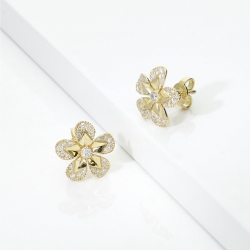 Boucles d'Oreilles Fleurs en Or Jaune 18k et Diamants Brillants