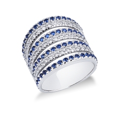 Bague large Or Blanc 18k 3 rangs diamants et saphirs