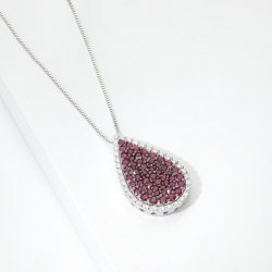 Necklace in white gold 18k with blackened pavè rubies and diamonds halo