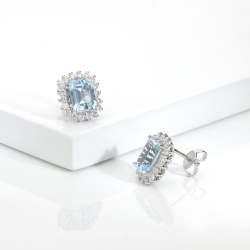 Boucles d’Oreilles halo aigue-Marine et brillants or blanc 18k