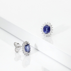 Blue sapphires and diamond halo earrings in white gold 18k