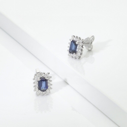 Pendientes diamantes y zafiro azul en oro blanco 18k