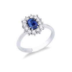 White gold 18k halo ring with diamonds and central blue sapphire 
